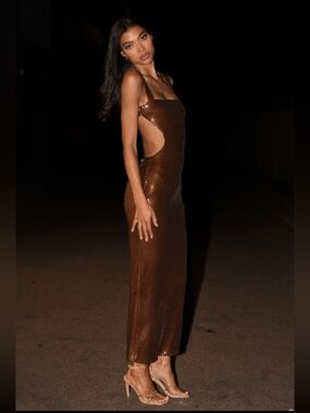 MESHKI Adoria Sequin Cut Out Maxi Dress- Chocolate XS